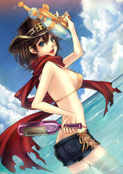  alcohol ass bikini bikini_top_only blue_eyes bottle breasts brown_hair butt_crack cloud commentary_request day dutch_angle falseele female medium_breasts ocean original red_scarf scarf short_hair shorts sideboob sky solo swimsuit water water_gun wine 