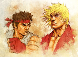  2boys blonde_hair brown_hair clenched_hand commentary dougi faux_traditional_media headband ken_masters male_focus manly multiple_boys muscular photoshop_(medium) ryu_(street_fighter) serious smile street_fighter tsunetarou_(yasu) 