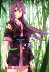  bad_id bad_pixiv_id bamboo bamboo_forest female forest hair_ornament hairclip japanese_clothes katana long_hair nature original outdoors p_(zzaazz) photoshop_(medium) purple_hair solo sword weapon yara_kami_meiosei yellow_eyes 