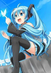  ahoge aqua_eyes aqua_hair blue_sky bug butterfly butterfly_on_hand commentary_request detached_sleeves female hatsune_miku headset index_finger_raised long_hair n39 necktie open_mouth outdoors sitting skirt sky smile solo thighhighs twintails very_long_hair vocaloid 