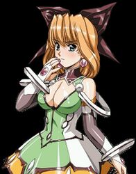  black_background bow breasts cleavage dress earring earrings female fingerless_gloves gloves green_eyes growlanser growlanser_iv growlanser_iv:_over_reloaded hairbow hairbow jewelry large_breasts orange_hair simple_background solo tricia_(growlanser) urushihara_satoshi 