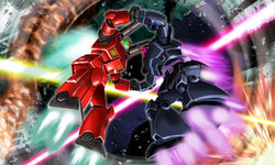  battle dom el_blanco explosion guncannon gundam mecha mobile_suit_gundam smoke 