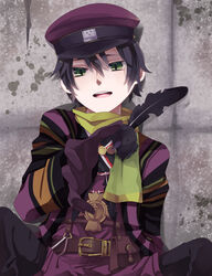  1boy bird black_hair commentary_request crow crow_(fragile) feathers fragile:_sayonara_tsuki_no_haikyo green_eyes hat highres male_focus scarf solo tengutan 