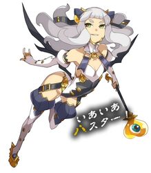  ban!_(bansankan) chaos_code commentary_request cthylla_(chaos_code) eyebrows female grin horns leaning_forward long_hair navel sharp_teeth smile solo teeth translation_request wand white_hair wings yellow_eyes 