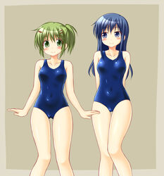  2girls arms_behind_back blue_eyes blue_hair blush breasts commentary_request covered_navel green_eyes green_hair hidamari_sketch long_hair looking_at_viewer mami_(hidamari_sketch) mole mole_under_mouth multiple_girls nakayama_(hidamari_sketch) new_school_swimsuit one-piece_swimsuit school_swimsuit short_hair small_breasts smile swimsuit utomo 