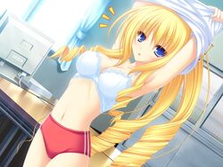  blonde_hair bloomer blue_eyes blush bra buruma computer curly_hair female game_cg gym_uniform koshimizu_rei lingerie long_hair mikagami_mamizu monitor navel neko_koi! open_mouth solo surprise surprised table underwear undressing window 