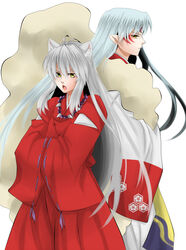  2boys animal_ears back-to-back brothers commentary_request dog_ears facial_mark grey_hair hexagon highres inuyasha inuyasha_(character) japanese_clothes jewelry long_hair male_focus matano_maya multiple_boys necklace pointy_ears sesshoumaru siblings simple_background white_background white_hair yellow_eyes 