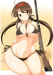  bad_id bad_pixiv_id bikini breasts brown_bikini brown_hair cleavage curvy female green_eyes gun hairband heterochromia large_breasts long_hair navel purple_eyes rifle ryoubi_(senran_kagura) senran_kagura side-tie_bikini_bottom solo swimsuit thighs twintails weapon wedge_(tyrl_stride) wide_hips 