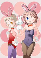  2girls :3 animal animal_ears armpits ass back bare_shoulders black_legwear blue_eyes blue_hairband blue_leotard blue_pantyhose blush bow bowtie breasts clenched_hand commentary_request cowboy_shot detached_collar fake_animal_ears fake_tail from_side glasses grey_background grey_hair hairband hand_on_own_hip hand_up happy hatomugi_(mamotan) head_tilt highres hip_focus holding holding_animal legs_together leotard looking_at_viewer looking_back looking_to_the_side multiple_girls oerba_yun_fang one_eye_closed open_mouth original outline pantyhose playboy_bunny polka_dot polka_dot_background rabbit rabbit_ears rabbit_tail red_bow red_bowtie red_hairband red_leotard rimless_eyewear short_hair side-tie_leotard sideboob small_breasts smile standing strapless strapless_leotard tail thigh_gap white_hair wrist_cuffs yellow_eyes 