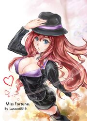  :o artist_name blue_eyes breasts character_name cleavage collar commentary_request crime_city_miss_fortune erementa female garter_straps hat heart highres large_breasts league_of_legends miss_fortune_(league_of_legends) nail_polish painttool_sai_(medium) red_hair solo thighhighs 