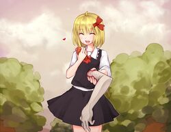  ^_^ ^o^ blonde_hair blood blood_on_hands blouse closed_eyes commentary_request female guro hair_ribbon heart heart_(organ) k.blank pun ribbon rumia severed_arm severed_limb shirt short_hair short_sleeves skirt solo touhou tree vest 