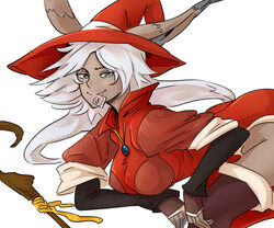  animal_ears bad_link bb_(baalbuddy) bent_over boots breasts condom condom_in_mouth dark-skinned_female dark_skin eldena female final_fantasy final_fantasy_tactics_advance green_eyes long_hair medium_breasts mouth_hold rabbit_ears red_mage_(final_fantasy) solo thigh_boots thighhighs viera wand white_hair 