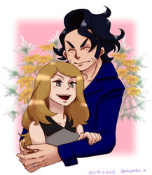  1boy black_hair blush closed_eyes couple female flower grey_eyes hug open_mouth platane_(pokemon) pokemon pokemon_(game) pokemon_xy serena_(pokemon) smile 