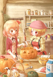  2girls aki_minoriko aki_shizuha arinu autumn_leaves basket blonde_hair bowl candy commentary_request food hair_ornament halloween hat highres jack-o&#039;-lantern jar kitchen kitchen_knife knife konpeitou leaf_hair_ornament licking milk_carton multiple_girls open_mouth pumpkin red_eyes santoku_knife siblings sisters smile spoon touhou yellow_eyes 