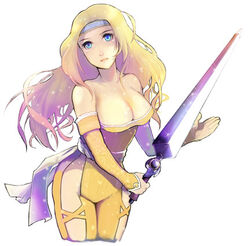  bare_shoulders blonde_hair blue_eyes breast_clinging breasts catsuit celes_chere cleavage detached_sleeves female female final_fantasy final_fantasy_vi headband long_hair lowres miso_katsu sash solo sword weapon white_background 