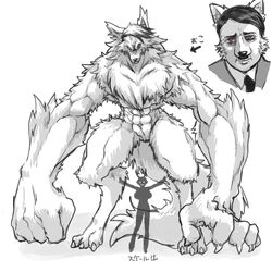  1:1 adolf_hitler animal_humanoid anthro big_breasts breasts canid canine canis deer female hibiki2 huge_breasts humanoid japanese_text kemono male mammal monster muscular nazi real_world silhouette text translation_request wolf 