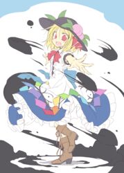  :d alternate_costume bad_id bad_pixiv_id blonde_hair boots bow bowtie brown_footwear collared_shirt commentary_request cosplay dress fangs female food foreshortening frilled_dress frills fruit full_body hair_ribbon hat hinanawi_tenshi hinanawi_tenshi_(cosplay) ink looking_at_viewer multicolored_clothes multicolored_dress open_mouth outstretched_arms red_eyes ribbon rumia sash satou_kibi shirt shoelaces short_hair short_sleeves simple_background smile solo standing standing_on_one_leg swirling touhou 