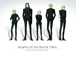  2girls 3boys ahoge artoria_pendragon_(fate) bedivere_(fate) blonde_hair commentary_request english_text fate/apocrypha fate/extra fate/stay_night fate/zero fate_(series) formal gawain_(fate) ghost_in_the_shell_lineup green_eyes highres kanmuri_(hanyifan30338) lancelot_(fate/zero) long_hair mordred_(fate) mordred_(fate/stay_night) multiple_boys multiple_girls necktie pant_suit pants photoshop_(medium) ponytail purple_eyes purple_hair reverse_trap saber_(fate) suit 