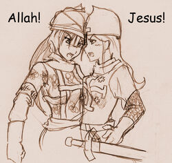  2girls armor asymmetrical_docking blush breast_press chainmail christian cross crusader crusades female helmet islam knight long_hair multiple_girls muslim sword weapon 