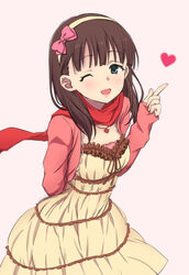  ;d brown_hair commentary_request female gtd-carthage hair_ribbon hairband heart idolmaster idolmaster_cinderella_girls jewelry looking_at_viewer necklace one_eye_closed open_mouth photoshop_(medium) ribbon sakuma_mayu scarf short_hair smile solo toreso white_background 