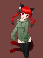  alternate_costume animal_ears black_thighhighs blush braid cat_ears cat_tail commentary_request extra_ears female hair_ornament hair_ribbon highres hood hoodie kaenbyou_rin long_hair long_sleeves looking_at_viewer looking_to_the_side multiple_tails oerba_yun_fang omochi_(omochi_natto) open_mouth red_background red_eyes red_hair ribbon simple_background slit_pupils smile solo tail thighhighs touhou twin_braids zettai_ryouiki 