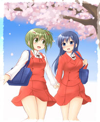  2girls blue_eyes blue_hair blush cherry_blossoms commentary_request green_eyes green_hair hidamari_sketch holding_hands long_hair mami_(hidamari_sketch) multiple_girls nakayama_(hidamari_sketch) open_mouth school_uniform short_hair skirt smile utomo 