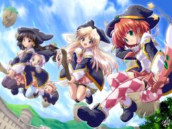  5girls broom castle cauldron_(majokko) ellene_sylvana green_eyes hat island komatsu_eiji majokko_a_la_mode milky_milkcock multiple_girls purple_eyes red_eyes red_hair rydia_arsenal seven_(majokko) silvia_aizetto thighhighs witch witch_hat 