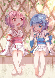  2girls aged_down arms_at_sides barefoot beatrice_(re:zero) blue_eyes blue_hair commentary_request dappled_sunlight detached_sleeves emilia_(re:zero) feet flower foot_dangle graffiti hair_flower hair_ornament hand_on_own_forehead highres japanese_clothes kimono kotoba_(1074421015) looking_at_another multiple_girls natsuki_subaru obi one_eye_closed open_mouth pink_hair plant puck_(re:zero) ram_(re:zero) re:zero_kara_hajimeru_isekai_seikatsu red_eyes rem_(re:zero) roswaal_l._mathers sash short_hair siblings sisters sleeves_past_wrists soles sunlight tears toes trellis twins vines wide_sleeves x_hair_ornament 