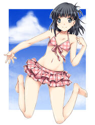  1boy aikawa_kizuna barefoot bikini black_hair commentary_request feet hands jumping legs male_focus mushi024 otoko_no_ko photoshop_(medium) pink_bikini prunus_girl smile solo swimsuit 