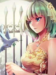  arch bare_arms bare_shoulders bird blue_eyes breasts cleavage clover colored_eyelashes commentary_request dove dress female four-leaf_clover gate green_eyes green_hair hair_ornament heterochromia idolmaster idolmaster_cinderella_girls iron_bars jewelry lips looking_down medium_breasts mole mole_under_eye necklace parted_lips pendant saojou solo strapless strapless_dress takagaki_kaede upper_body 