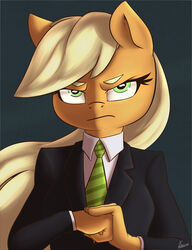  2015 angry anthro anthrofied applejack_(mlp) atane27 blonde_hair business_suit clothing cracking_knuckles digital_media_(artwork) earth_pony equid equine female friendship_is_magic fur glare green_eyes hair hasbro horse long_hair looking_at_viewer mammal my_little_pony orange_body orange_fur pony serious shaded solo suit 