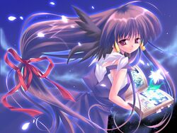  artist_request cauldron_(majokko) female flower hair_ornament long_hair majokko_a_la_mode night red_eyes ribbon rydia_arsenal sky solo star_(sky) starry_sky 