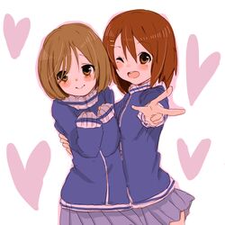  2girls :d blush brown_eyes brown_hair commentary_request extra hair_ornament hairclip heart hirasawa_yui hug jacket k-on! kinoshita_shizuka multiple_girls natsu_(norari_kurari) one_eye_closed open_mouth round_teeth short_hair skirt smile teeth track_jacket v yuri 