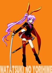  alternate_costume animal_ears asymmetrical_legwear boots character_name commentary_request fake_animal_ears female full_body hair_ornament high_ponytail jacket katana kneehighs long_hair long_sleeves looking_at_viewer miniskirt necktie orange_background pfalz ponytail purple_eyes purple_hair rabbit_ears rabbit_tail red_legwear shirt simple_background single_kneehigh single_sock single_thighhigh skirt smile socks solo sword tail thighhighs touhou uneven_legwear very_long_hair vest watatsuki_no_yorihime weapon 