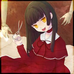  :p bad_id bad_pixiv_id black_hair blood blunt_bangs doll_joints dress fatal_frame fatal_frame_4 female haibara_ayako joints long_hair natsuo_(mari_n6s) oerba_yun_fang scissors solo tongue tongue_out yellow_eyes 