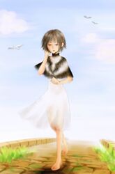  barefoot bird blue_sky commentary_request day dress female highres ico road short_hair silver_hair sky solo white_dress yamanobe_saya yorda 