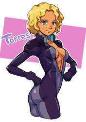  ass black_gloves blonde_hair blue_eyes breasts cleavage clenched_hands collarbone crossbone_gundam crossbone_gundam_ghost dark-skinned_female dark_skin female gloves gundam highres looking_at_viewer normal_suit pilot_suit saika_(pixiv43370196) science_fiction short_hair smile solo tres_mares twisted_torso v-shaped_eyebrows 