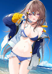  :d absurdres ass_visible_through_thighs bandaid bandaid_on_leg bare_shoulders bikini blue_bikini blue_jacket blue_sky bottle braid breasts brown_hair cleavage cloud commentary_request day female hair_between_eyes hair_ornament hairclip hand_up highres holding holding_bottle horizon jacket kamioka_shun&#039;ya long_hair long_sleeves looking_at_viewer marin_(kamioka_shun&#039;ya) medium_breasts navel ocean off_shoulder open_clothes open_jacket open_mouth original outdoors puffy_long_sleeves puffy_sleeves purple_eyes ramune see-through sky sleeves_past_wrists smile solo standing stomach swimsuit thigh_gap very_long_hair water wet 