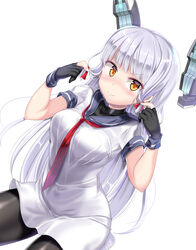  alternate_breast_size black_gloves black_pantyhose blue_sailor_collar blush breasts closed_mouth dress female fingerless_gloves gloves grey_hair hair_ribbon headgear highres kantai_collection large_breasts long_hair looking_at_viewer mamo_williams murakumo_(kancolle) murakumo_kai_ni_(kancolle) necktie orange_eyes pantyhose red_necktie ribbon sailor_collar sailor_dress school_uniform serafuku sidelocks simple_background smile solo tress_ribbon white_background 