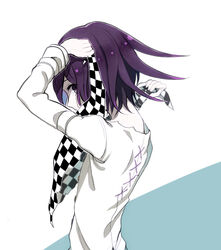  1boy arm_up checkered_clothes checkered_scarf commentary_request danganronpa_(series) danganronpa_v3:_killing_harmony from_side grey_background hand_up holding holding_clothes holding_scarf jacket kitsunebi_v3kokonn long_sleeves looking_at_viewer male_focus oma_kokichi purple_eyes purple_hair scarf short_hair sideways_glance solo straitjacket two-tone_background tying unworn_scarf upper_body white_background white_jacket 