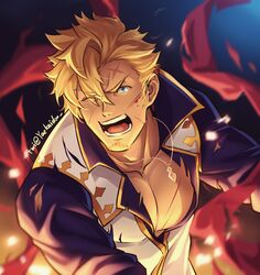  1boy bara blue_eyes cross_scar curran_(dragalia_lost) dragalia_lost embers facial_hair fire goatee hair_between_eyes highres jewelry long_sideburns male_focus mature_male muscular muscular_male necklace one_eye_closed pectoral_cleavage pectorals scar scar_on_face scar_on_forehead short_hair sideburns solo upper_body wind yaekaidou 