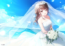  :d bare_arms bare_shoulders blue_sky blush bouquet breasts bridal_veil brown_eyes brown_hair cloud collarbone commentary copyright_name copyright_notice cowboy_shot day dress falling_petals female flower half_updo holding holding_bouquet horizon jewelry kagachi_saku long_dress long_hair looking_at_viewer medium_breasts necklace ocean official_art open_mouth outdoors petals rose see-through sky smile solo strapless strapless_dress tiara toracon v_arms veil water wedding_dress white_dress white_flower white_rose 