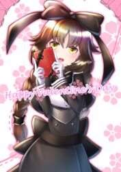  ash_arms bad_id bad_pixiv_id bow brown_hair c-clock commentary_request english_text female floral_background gift gloves hair_between_eyes hairbow highres long_braid looking_at_viewer military military_uniform open_mouth panzer_iii_(ash_arms) solo uniform valentine yellow_eyes 