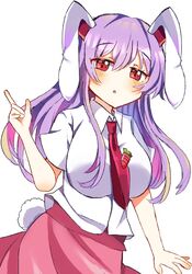  animal_ears bangs blush breasts carrot_pin collared_shirt commentary_request eyebrows_visible_through_hair eyelashes eyes_visible_through_hair female hair_between_eyes hand_up highres large_breasts long_hair looking_at_viewer necktie open_mouth pink_necktie pink_skirt pointing puffy_short_sleeves puffy_sleeves purple_hair rabbit_ears rabbit_tail red_eyes reisen_udongein_inaba shirt short_sleeves simple_background skirt solo standing tail touhou white_background white_shirt zeroko-san_(nuclear_f) 