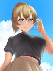  absurdres black_shirt blue_eyes blue_sky breasts brown_hair brown_skirt closed_mouth cloud dangan_kurabu day female from_below high_ponytail highres intrepid_(kancolle) kantai_collection large_breasts looking_at_viewer midriff_peek outdoors shirt short_hair skirt sky smile solo twitter_username 