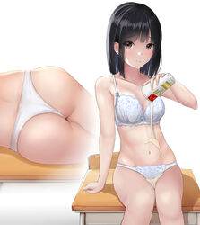  arm_at_side ass bare_arms bare_shoulders black_hair blunt_bangs blush bra breasts brown_eyes chair cleavage closed_mouth collarbone commentary cup desk disposable_cup feet_out_of_frame female holding holding_cup iwanishi lying mcdonald&#039;s mcshake medium_breasts multiple_views navel nervous_smile on_side on_table original panties school_chair school_desk short_hair sidelocks simple_background smile spilling stomach table underwear underwear_only wakamezake white_background white_bra white_panties 