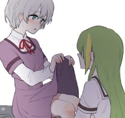  2girls alina_gray an_sin azusa_mifuyu blunt_ends blush breasts buttons center_frills collared_shirt commentary frilled_shirt frills green_hair grey_hair layered_sleeves long_hair long_sleeves magia_record:_mahou_shoujo_madoka_magica_gaiden mahou_shoujo_madoka_magica miniskirt mizuna_girls&#039;_academy_school_uniform multicolored_hair multiple_girls neck_ribbon open_mouth pleated_skirt presenting purple_ribbon purple_shirt purple_skirt ribbon sakae_general_school_uniform school_uniform shirt shirt_under_shirt short_hair short_over_long_sleeves short_sleeves sidelocks simple_background skirt sleeve_cuffs sleeves_rolled_up straight_hair streaked_hair very_long_hair white_shirt 