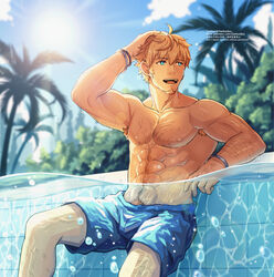  1boy abs absurdres alternate_costume alternate_hairstyle arm_hair bara blue_eyes blue_male_swimwear blue_sky bulge chest_hair cross_scar curran_(dragalia_lost) dragalia_lost feet_out_of_frame hair_between_eyes hairy highres leg_hair male_focus male_swimwear mature_male muscular muscular_male navel navel_hair nipples outdoors pectorals pool scar scar_on_face scar_on_forehead short_hair sky smile solo stomach sun sunlight swim_trunks topless_male water wet wet_hair yaekaidou 