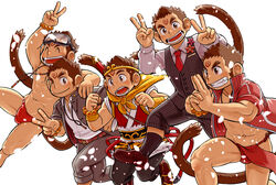  5boys abs animal_ears bead_bracelet beads black_legwear blush bracelet brown_eyes brown_hair bulge chinese_clothes circlet collared_shirt commentary_request cosplay double_v dragon_ball dragon_ball_(object) dress_shoes ei_(marutendon) facial_mark flower_ornament formal fundoshi furry furry_male gakuran goggles goggles_on_head hand_on_another&#039;s_shoulder hanuman_(housamo) jacket japanese_clothes jewelry jumping kuji-in long_sideburns male_focus male_swimwear monkey_boy monkey_ears monkey_tail multiple_boys multiple_persona muscular muscular_male necklace necktie nipples open_mouth pants pectorals petals red_fundoshi red_jacket red_male_swimwear red_necktie school_uniform shirt sideburns smile socks striped_clothes striped_pants striped_vest suit sun_wukong sun_wukong_(cosplay) swim_briefs tail teeth tokyo_afterschool_summoners track_jacket v vest white_background 