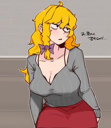  ahoge bad_id bad_twitter_id bags_under_eyes black_bra blonde_hair bow bra bra_peek braid breasts cleavage commentary_request cookie_(touhou) cowboy_shot female grey_sweater hairbow highres kirisame_marisa large_breasts long_hair long_sleeves looking_afar looking_to_the_side low_neckline mars_(cookie) ohasi open_mouth purple_bow red_skirt ribbed_sweater side_braid single_braid skirt solo sweater touhou translation_request underwear 